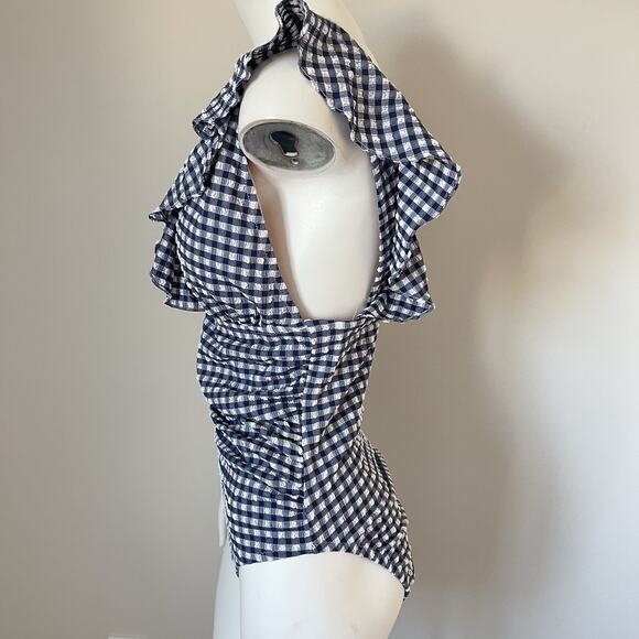 NWT J.Crew Gingham Ruched Ruffle One-Piece Swimsuit Womens Size 12 Blue White - Picture 8 of 12